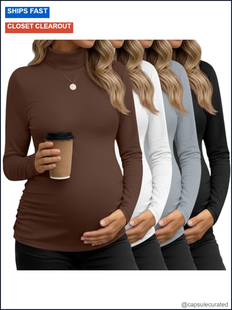 4 Pack Maternity Long Sleeve Turtleneck Tees Side Ruched Mock Neck Pregnancy